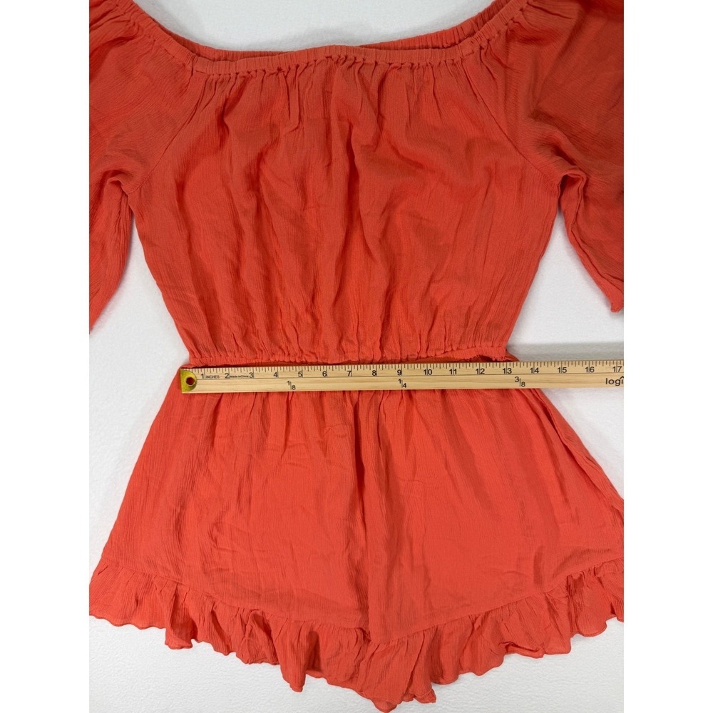 VENUS Off Shoulder Romper Size Small Coral Orange Ruffle Hem Boho Viscose - Picture 9 of 11
